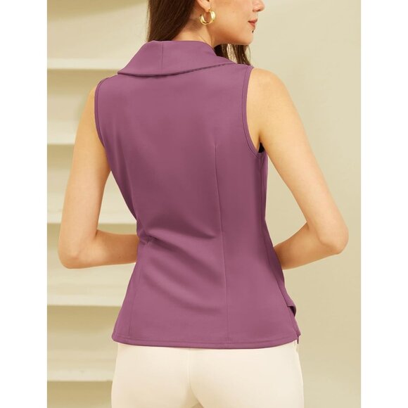 💫 Women Wrap V Neck Casual Work Top Pink Sleeveless Office Dressy Summer Blouse - Picture 4 of 6